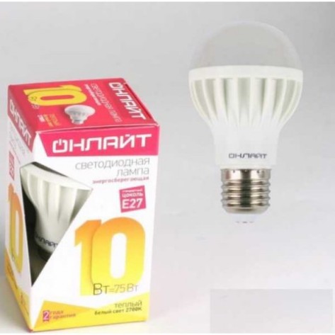 Лампа светодиодная А60 230В 10w(=75w) 2700K E27 (колба) Онлайт